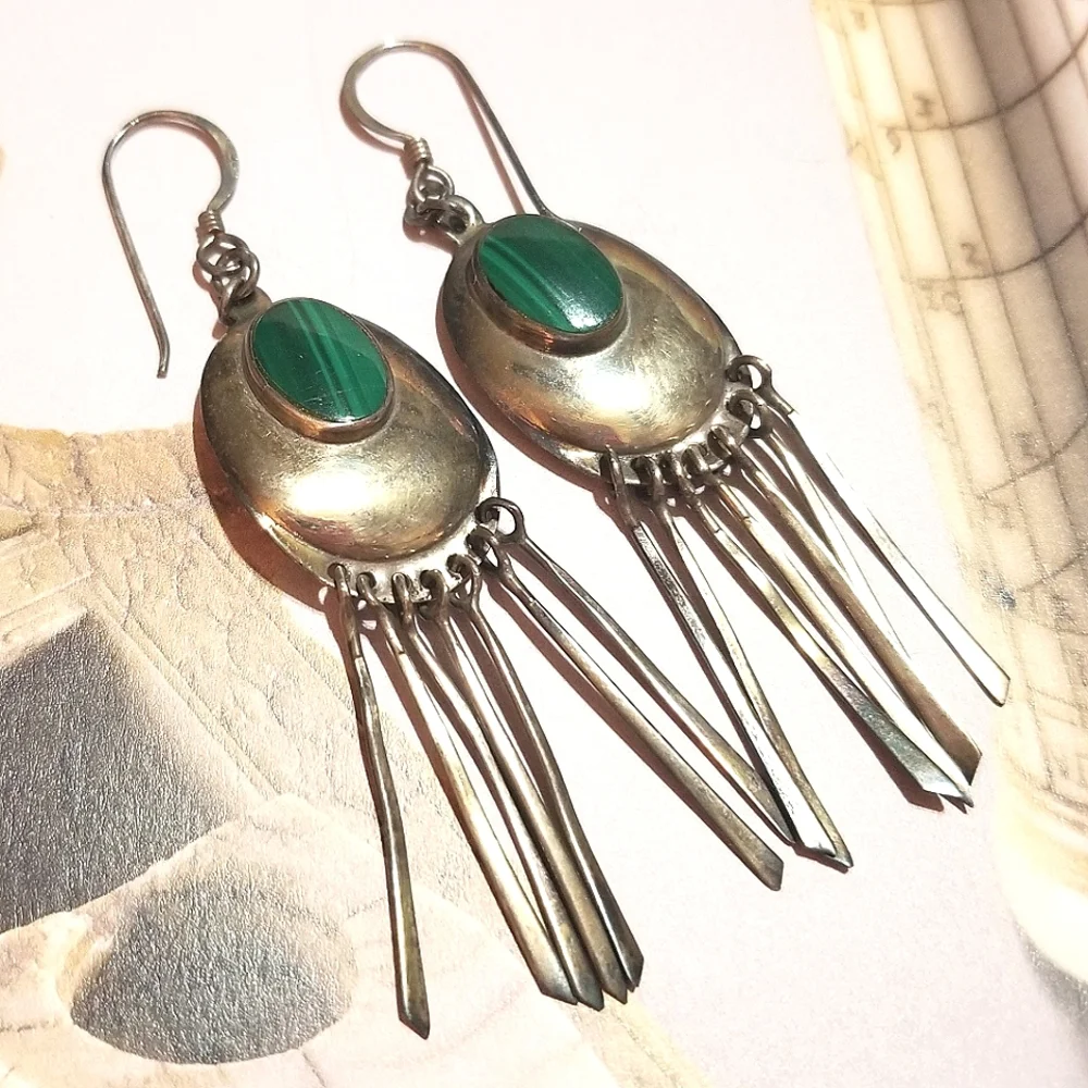 VTG Bohemian Malachite Sterling Silver Dangle Earrings - Picture 2 of 5
